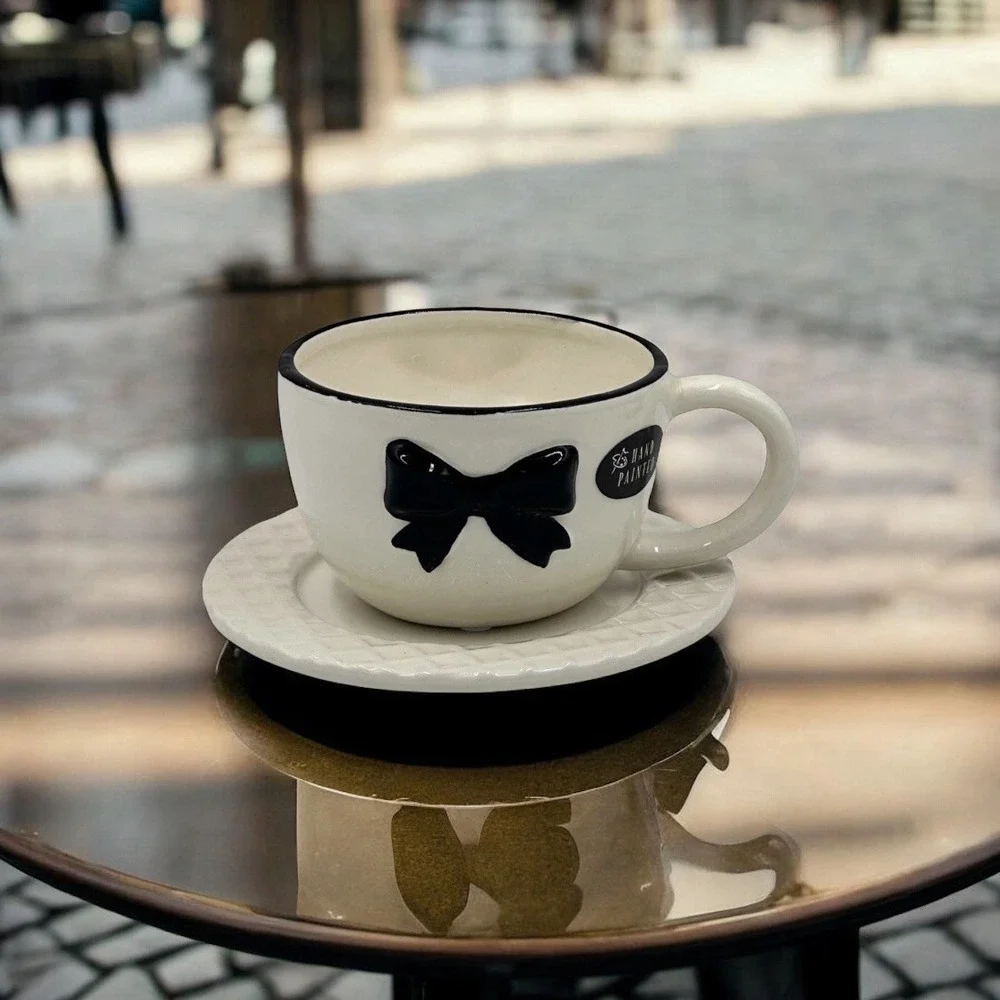 Parisian Black Bow Cup & Saucer Set Hand Painted Ceramic Valentine Gift